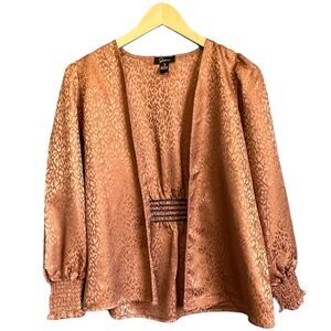 Japna Ruched Smocked Leopard Animal Print Satin Cardigan
